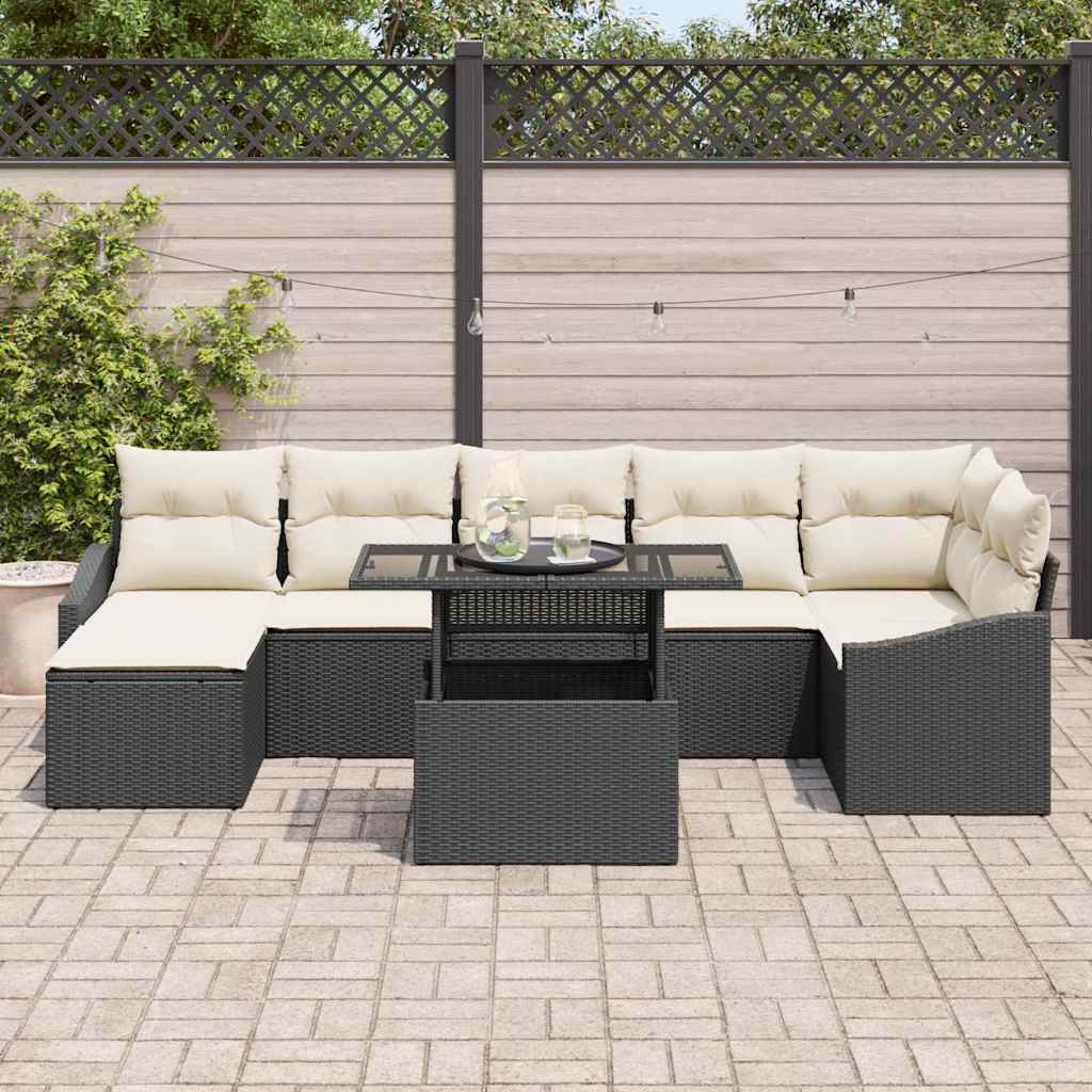 Garten-Sofa-Set mit Kissen mit Speicher 8 pcs Schwarz und Creme